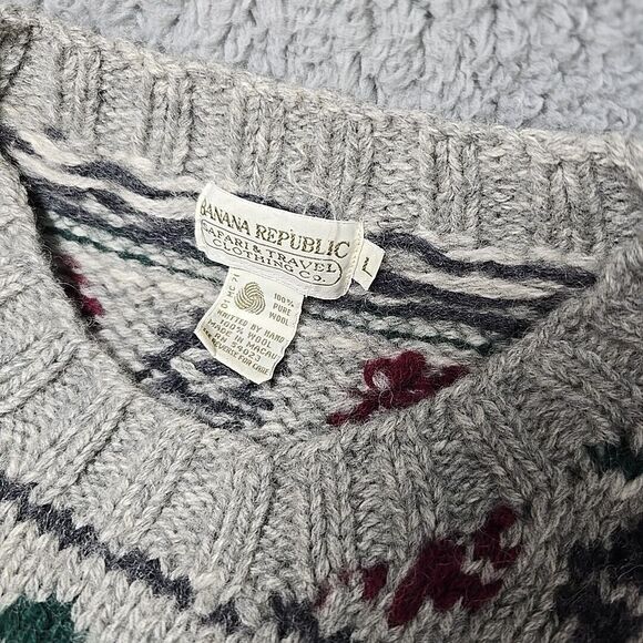 Hand Knit Wool Grandpa Sweater Mens L Safari Travel Chunky Vtg Banana Republic - Picture 2 of 11